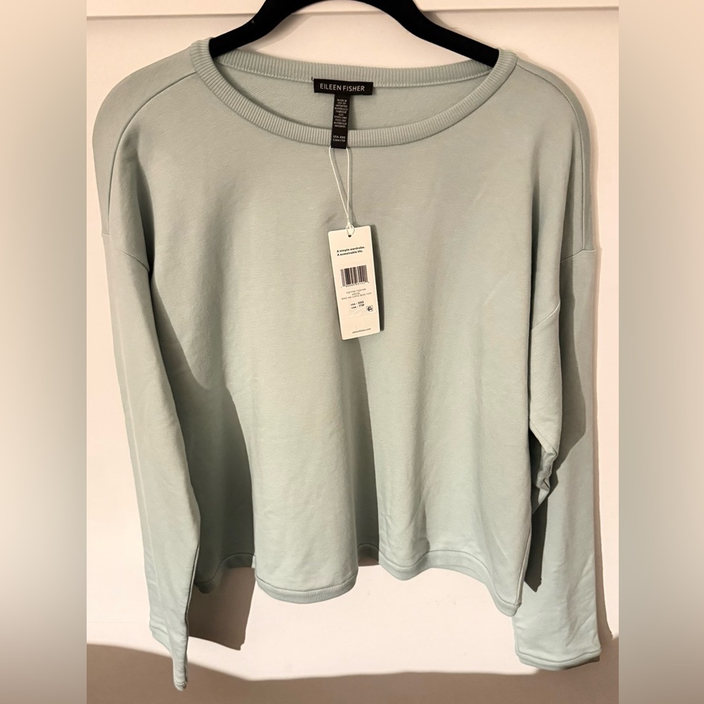 NWT Eileen Fisher Cozy Brushed Terry Hug Round Neck Box-Top XXS in Arctic Blue